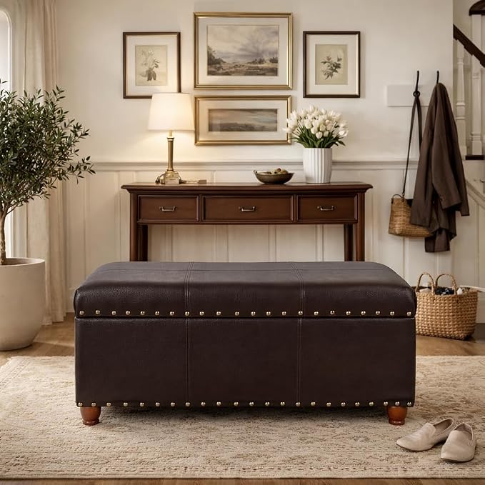HomePop Espresso Faux Leather Storage Cocktail Bench with Nailhead Trim - Image 2