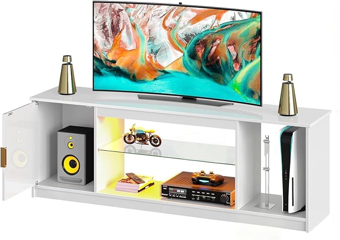Bestier Glossy Fluted TV Stand for 65 Inch TV, Gaming LED Entertainment Center with Cabinet for PS5 Xbox, TV Console with Adjustable Glass Shelves for Living Room Bedroom, Bright White - Image 8