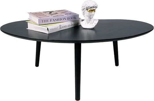 Small Oval Coffee Table Mid Century Modern for Living Room, Center Table,Solid Wood Coffee Table,Nature Wood (Black, 18.9" D x 33.85" W 12.4" H)