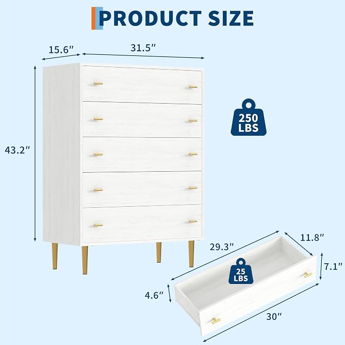 Farmhouse 5 Drawers Dresser for Bedroom, 44 in Tall White Dresser Wood Rustic Chest of Drawers with Large Drawers & Bar Handles,Natural Texture,Drawer Organizer for Living Room,Hallway and Entryway - Image 2