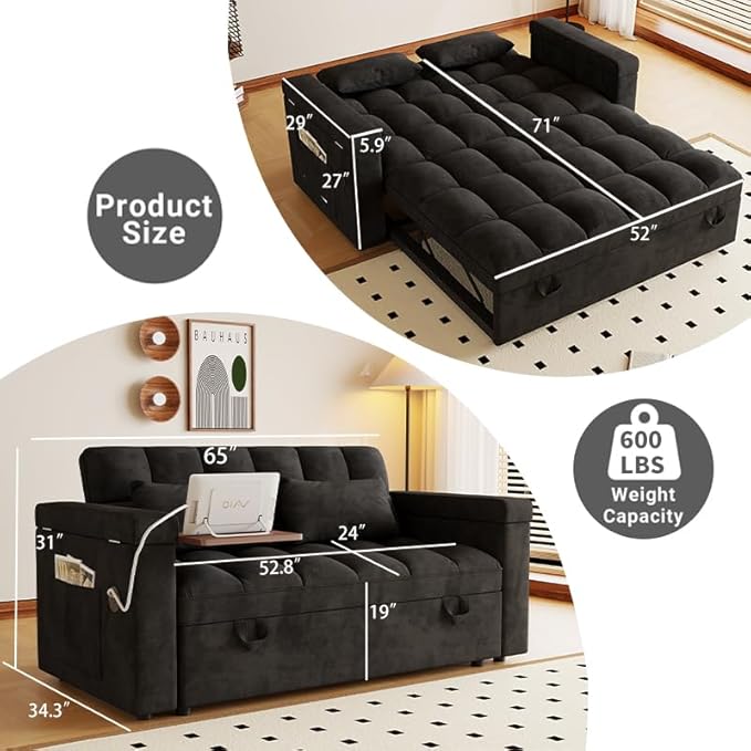 Convertible Sofa Bed, 5-in-1 Pull Out Couch with Side Table, Loveseat Sleeper Sofas Bed Couch with USB Port, 65‘’ Velvet Pull Out Sofa Beds for Living Room, Bedroom, Apartment