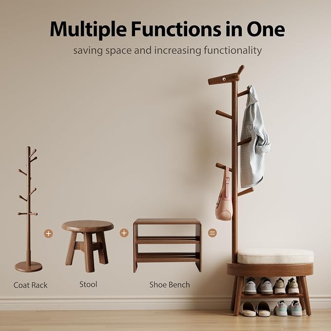AQIMUELE Entryway Shoe Rack with Coat Rack, Wooden Shoe Bench with Upholstered Cushion, 3-in-1, 2-Tier Shoe Storage and Cute Animal Hooks for Entryway, Hallway, Closet (Walnut 24.4") - Image 5