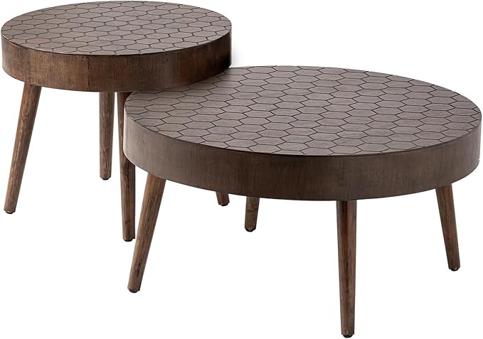COSIEST Round Coffee Table Set of 2, Nesting Tables with Honeycomb Pattern, Modern End Table for Living Room, Farmhouse, Brown