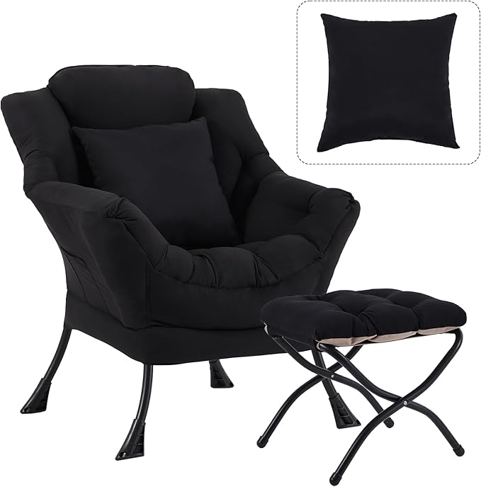 Lazy Chair with Ottoman, Large Accent Chair with Ottoman and a Throw Pillow, Black Reading Chair for Living Room Bedroom Dorm Room Office Apartment Relaxing Use