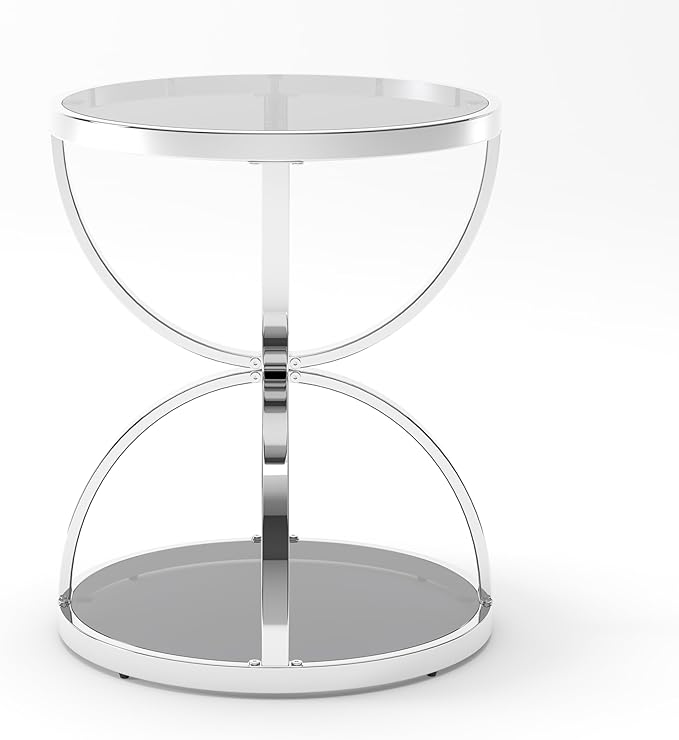 20" Tempered Glass Round Coffee Table Modern Chrome Frame Dome Base Two Tiers Circle Small Living Room Center Tables