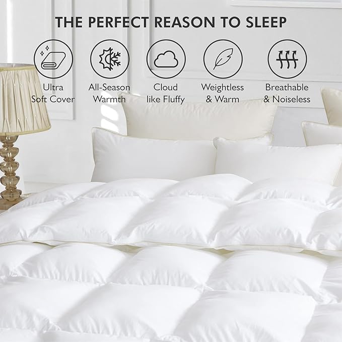 Luxurious White Solid Medium Weight, Super King Size Goose Feathers Down Comforter for All-Season, 120 X 120 inches, Premium Baffle Box, 100% Egyptian Cotton Cover, 85 oz. Fill Weight