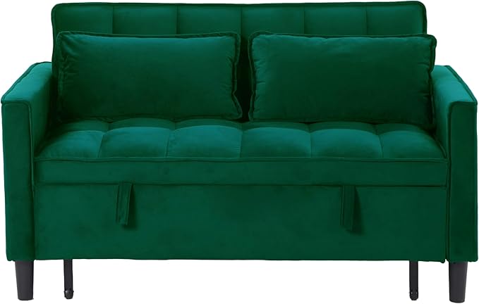 3 in 1 Convertible Sofa Bed, Love Seat Sleeper Bed with Side Pockets, Velvet Fabric Pull Out Couch with Adjustable Backrest for Living Room, Bedroom, Apartment, Dark Green