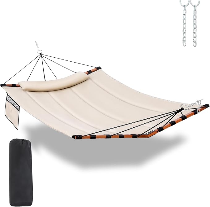 TegerDeger 12FT 2 Person Hammock with V Shaped Hardwood Spreader Bar & Nylon Rope for Outside, Patio, Garden, Backyard, Beach, Poolside, 450LB Capacity, 55in x 79in - Beige by Tegerdeger