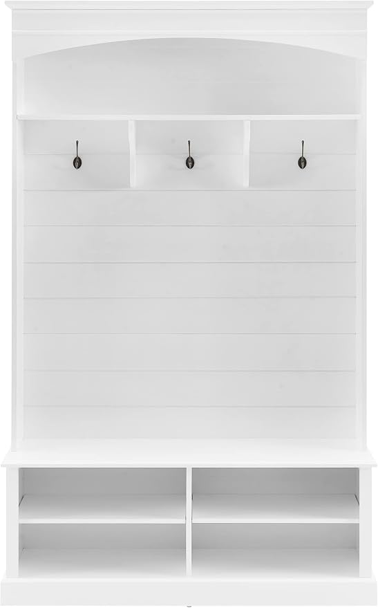 Crosley Furniture Bartlett Hall Tree with Shoe Rack Bench and Coat Hooks for Hanging, White - Image 2