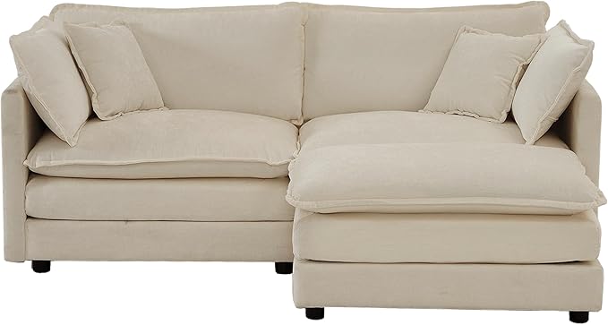 KEIKI Loveseat Sofa, Upholstered 2 Seater Couch with 1 Footrest, Oversized L-Shaped Sectional Sofa with Ottoman for Living Room Bedroom Office, Beige