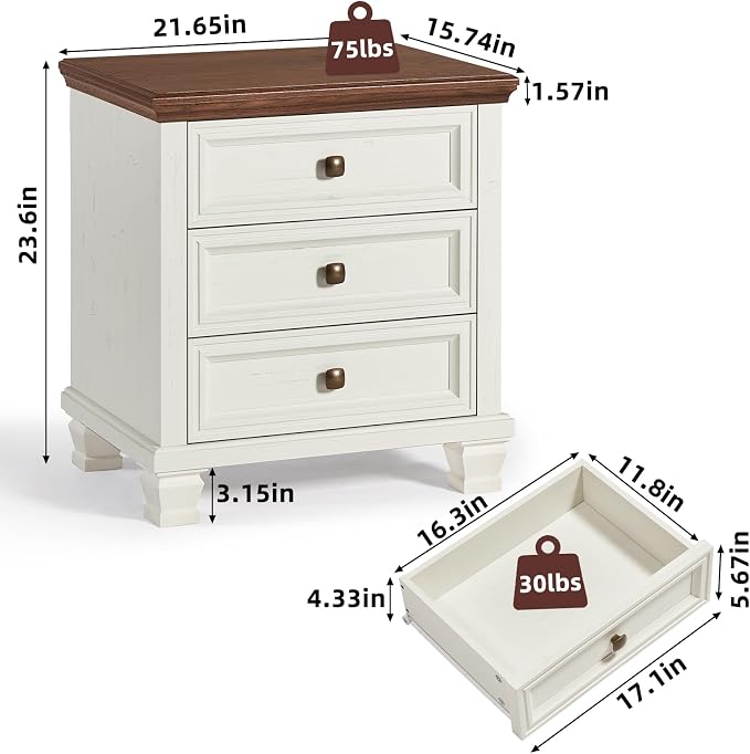 SAVOR LIFE Farmhouse Nightstand with 3 Drawers, Rustic Couch End Table with 4 Square Solid Wood Legs, Mid-Century Modern Bed Side Table with Storage, Small Dresser for Bedroom, Living Room, White - Image 2