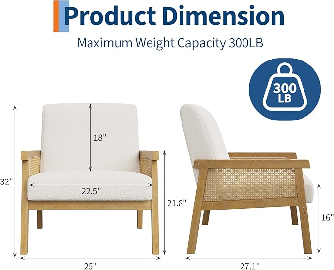 IDEALHOUSE Rattan Accent Chair, Boucle Armchair, Upholstered Reading Chair with Wooden Frame and High Back, Leisure Chairs for Living Room Bedroom Waiting Room Reception, White