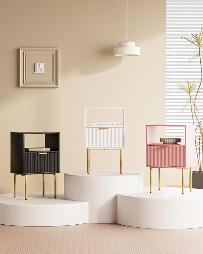 Nightstand,Modern Bedside Table with Gold Frame,White Night Stand,Bedside Furniture, Modern Side Table with Drawer and Shelf for Bedroom,Living Room (Pink) - Image 9