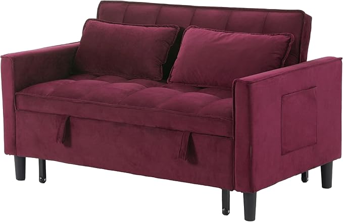 3 in 1 Convertible Sofa Bed, Love Seat Sleeper Bed with Side Pockets, Velvet Fabric Pull Out Couch with Adjustable Backrest for Living Room, Bedroom, Apartment, Purplish-Red