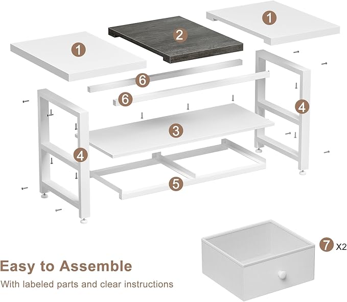 FABATO 2-Tier Coffee Table with Storage Shelf and 2 Drawers, 46'' Rectangular Center Table Wood Top for Living Room Reception Room, Metal Frame, Easy Assembly, Antique White