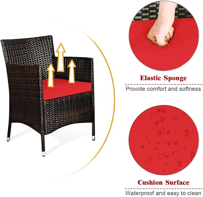 COSTWAY 4PCS Rattan Patio Furniture Set, Outdoor Wicker Rattan Chairs with Coffee Table, Rattan Cushioned Conversation Set for Backyard Balcony Porch Poolside, Red