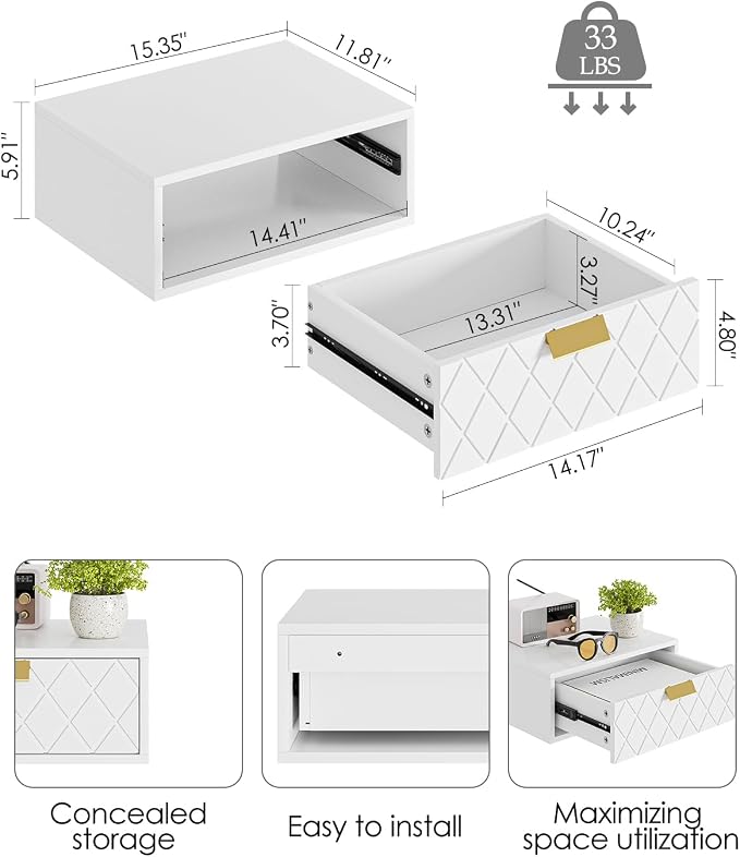 Aienvey Floating Nightstand, Floating Shelf with Drawer, Wall Mounted Nightstand, Floating Bedside Table (White Diamond) - Image 2
