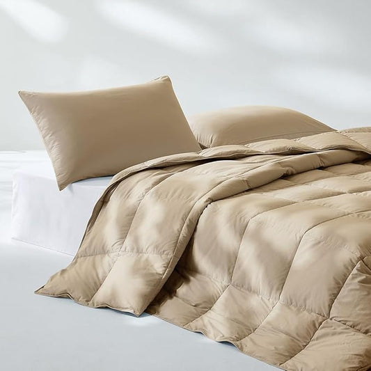 Pacific Coast Summer Goose Feather and Down Fiber Comforter Queen Size, Breathable Duvet Insert for Summer and Hot Sleepers, Natural Cooling Tencel Lyocell Shell, 8 Corner Tabs, Khaki Brown, 90x90