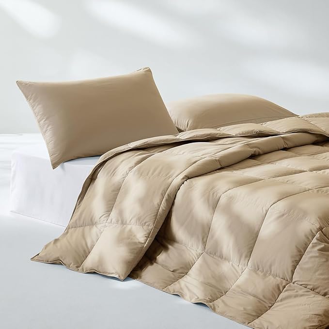 Pacific Coast Summer Goose Feather and Down Fiber Comforter Twin Size, Breathable Duvet Insert for Summer and Hot Sleepers, Natural Cooling Tencel Lyocell Shell, 8 Corner Tabs, Khaki Brown, 68x90