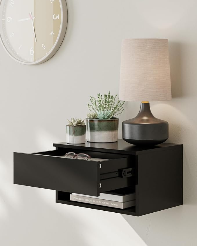 Floating Nightstand, Small Modern Floating Nightstand with Drawer, Floating Shelves for Bedroom, Bathroom (Black) - Image 4