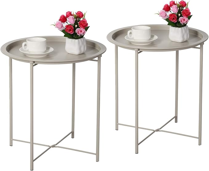 VECELO Side/End Table, Folding Round Metal Anti-Rust and Waterproof Outdoor or Indoor Tray for Living Room Bedroom Balcony and Office, 2 PCS, Grey by VECELO