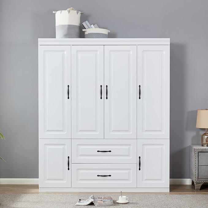 Wooden Armoire Wardrobe Closet White Large Capacity Storage Tall Clothes Cabinet with 4 Doors, Armoires and Wardrobes with 2 Drawers, 2 Hanging Rods and Shelves for Bedroom Armoire, White