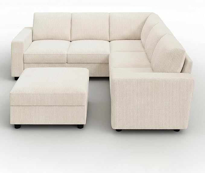 HONBAY Corduroy Sectional Couch with Storage L-Shaped Sectional Couches for Living Room 6 Seater Sectional Sofa, Beige