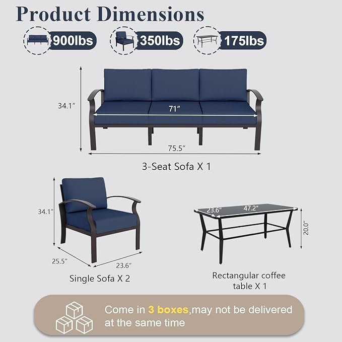ALAULM Aluminum Patio Furniture Set with Coffee Table Rectangular，5-seat Outdoor Sectional Furniture w/Swivel Chairs，Patio Conversation Set for Porch, Backyard, Poolside-Dark Blue
