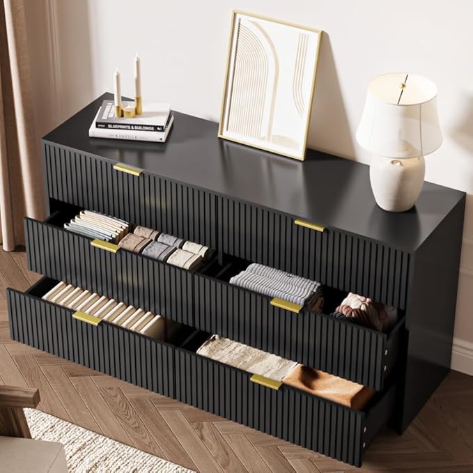 MAISONARIA 3-Piece Dresser Bedroom Set, 6 Drawer Dresser & 2 Drawer Nightstands with Gold Handles, Fluted Wood Chest of Drawers for Bedroom, Living Room, Entryway, Black