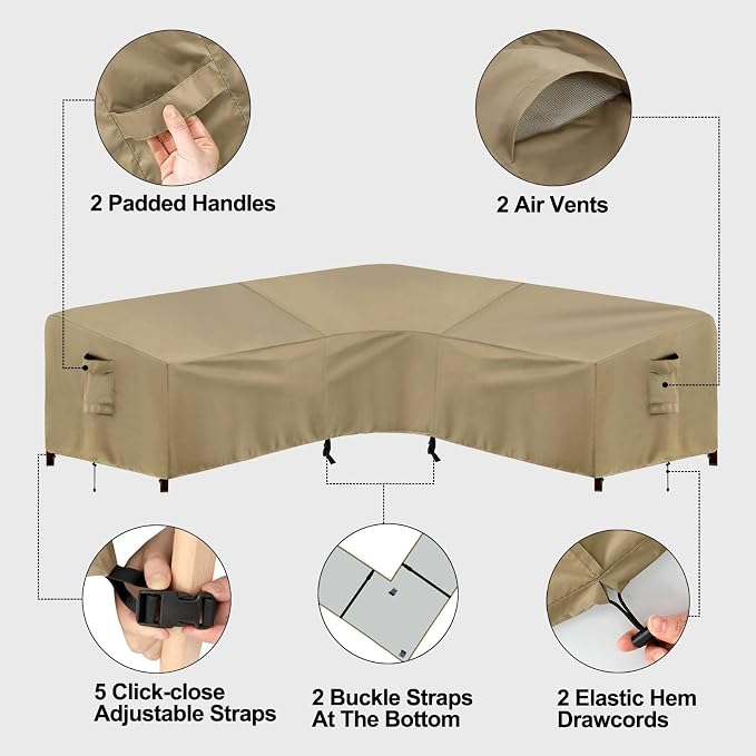 PureFit Outdoor Sectional Sofa Cover Waterproof V Shaped Patio Furniture Covers for Deck, Lawn and Backyard, 89”x89”, Camel - Image 5