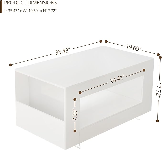 35" High Gloss Wood Coffee Table for Living Room, Sides Storage with Transparent Legs, Modern 2-Tier Storage Shelf Center Table for Home Office, Apartment, White