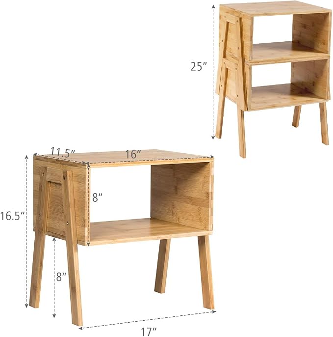 Giantex Bamboo Nightstand Set of 2, Stackable Side Table with 2-Tier Open Storage for Small Spaces, End Table with Solid Bamboo Legs, Easy to Assemble - Image 3