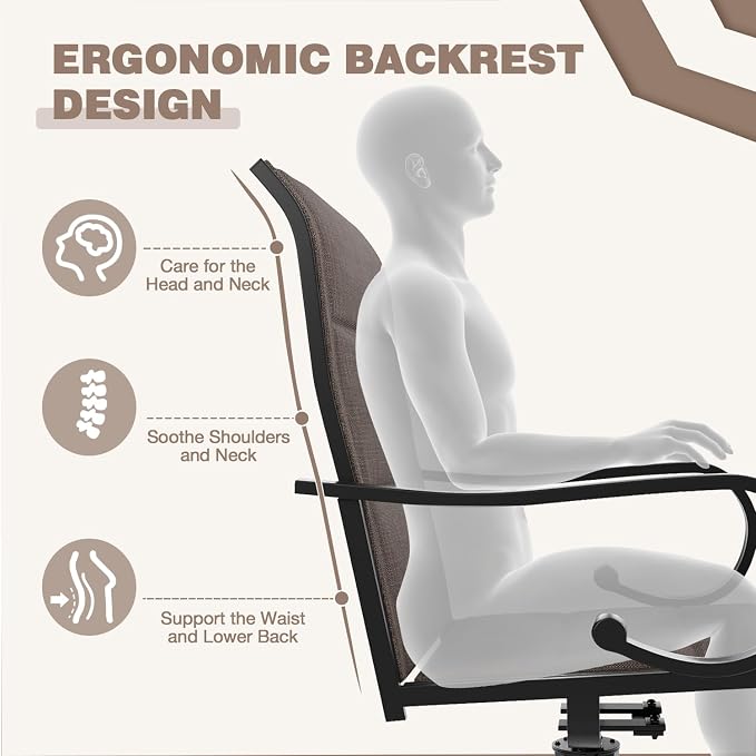 MELLCOM Patio Swivel Chair Set of 2, High Back Padded Textilene Outdoor Dining Chairs with E-Coating Metal Frame, All-Weather Outdoor Furniture Rocker for Backyard, Porch, Garden, Lawn, Brown - Image 3