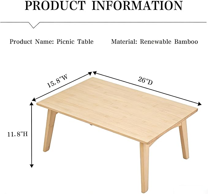 Japanese Floor Table No Assembly Required Bamboo Folding Walnut Coffee Table Bedroom Furniture Low Tea Table for Sitting on The Floor (Natural Wood, Large)