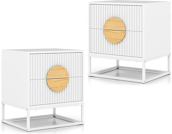 Giantex Fluted Nightstand with 2 Drawers Set of 2, White Wood Bedside Table with Natural Circle Handle & Metal Frame, Minimalist Accent End Table, Modern Mid Century Night Stand for Bedroom - Image 9