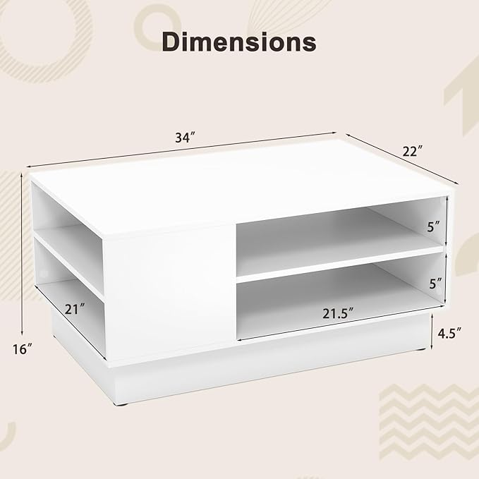 GOFLAME Modern Coffee Table with Storage, 34” Wooden Center Table with 2-Tier Open Storage Shelves, Open Side, Rectangular Tea Table for Living Room, Reception Room, Lounge, White