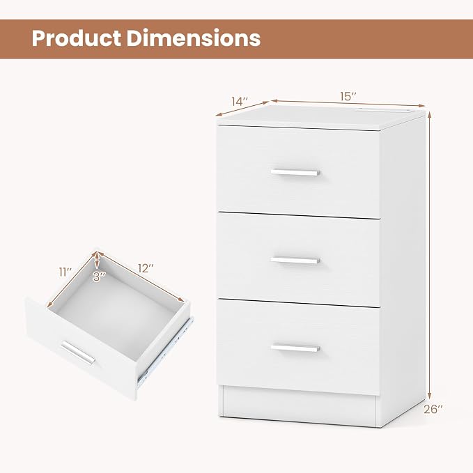 KOMFOTT 3-Drawer Nightstand, Modern Drawer Organizer with Power Outlet, Compact Bedside Storage End Table for Bedroom, Small Spaces (White,1) - Image 3