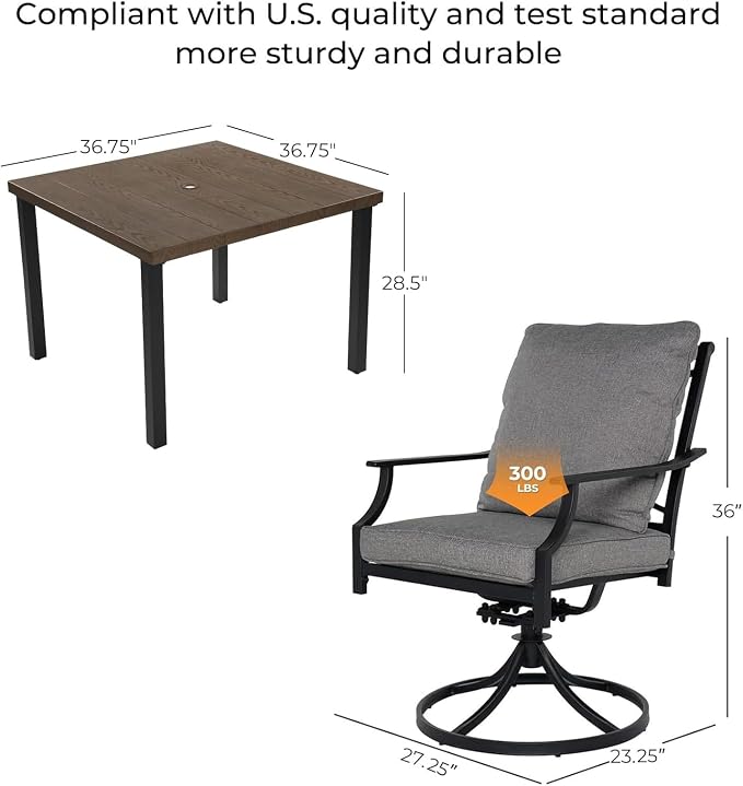 Grand patio 5-Piece Patio Dining Set for 4, E-Coated Outdoor Dining Set Swivel Patio Dining Chairs with Olefin Cushions & 1 Brown Square Faux Woodgrain Dining Table with 1.5”Market Umbrella Hole - Image 2