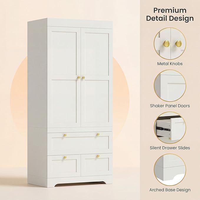 VELTENOVAIRE 2-Door Wardrobe Closet with 3 Drawers, 71" Tall White Wood Armoire Wardrobe Closet Organizer System & Storage Cabinet with Hanging Rod, Freestanding Bedroom Armoire, 20" Deep
