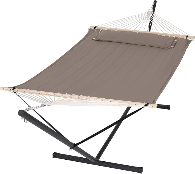 SUNCREAT 55 Inch Extra Large Double Hammock with 12 ft Stand, 475lbs Capacity, Outdoor Portable Hammock with Hardwood Spreader Bar, Extra Large Pillow, Brown by SUNCREAT