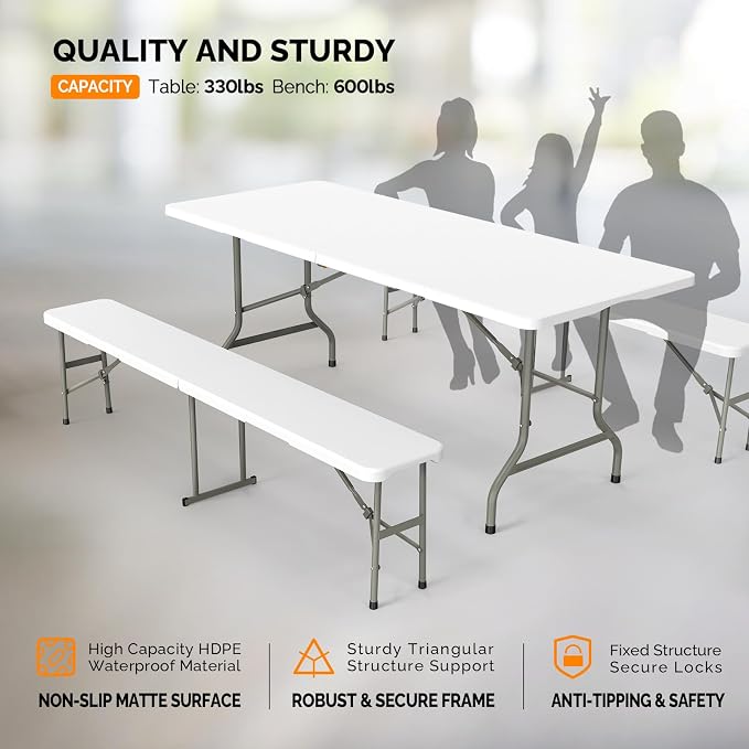 VINGLI Picnic Table Set with 2 Benches, 6 Feet Camping Table Chair Set,3-Piece Folding Furniture for Indoor or Outdoor Use, Smooth Tabletop, White - Image 3