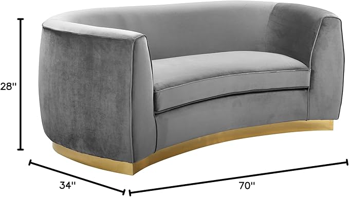 Meridian Furniture Julian Collection Modern | Contemporary Velvet Upholstered Loveseat with Stainless Steel Base in Rich Gold Finish, Grey, 70" W x 34" D x 28" H