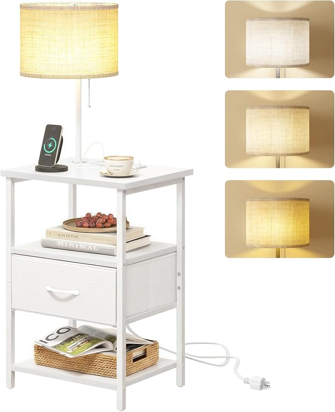Fixwal Bedside Table with 3 Color Temperatures Bulb Attached, Nightstand with Charging Station and Lights, End Table with Fabric Drawer for Bedroom & Dorm (White) by Fixwal
