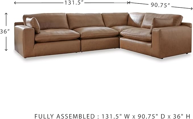 Signature Design by Ashley Emilia Modern L-Shaped Leather Match Modular Anti Sag 4-Piece Sectional with Loose Back Cushions and 2 Bolster Pillows, Orange