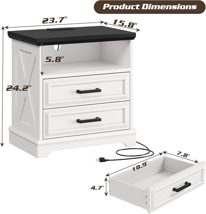 knoworld 24 Inch Wide Farmhouse Nightstands with Charging Station, White Nightstand with 2 Large Drawers, Rustic Wood End Table for Bedroom - Image 2
