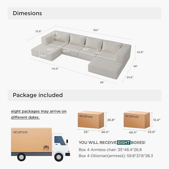 Acanva Oversized Modular Sectional Sofa with Removable Washable Slipcovers, Modern Low Profile Deep Seat Couch for Living Room, Linen-Like-Cream, 4 Armless Chairs & 4 Armrests/Ottomans