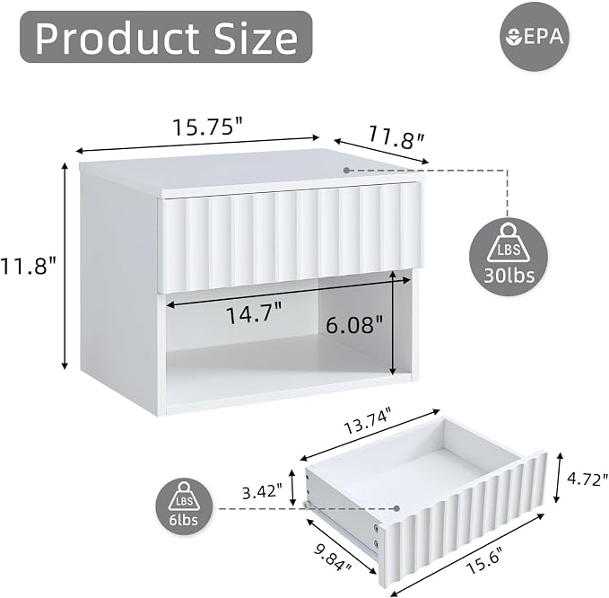 BuildHom Floating Nightstand with Fluted Drawer - Modern Wall Mounted Bedside Table with Open Storage Shelf, Small Night Stand TV Stand for Bedroom(Matte White, Set of 2) - Image 2