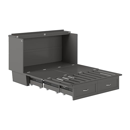 AFI, Chelsea Mid-Century Modern Queen Solid Wood Murphy Bed Chest with 6" Mattress, Storage Drawer & Built-in USB Charger, Grey