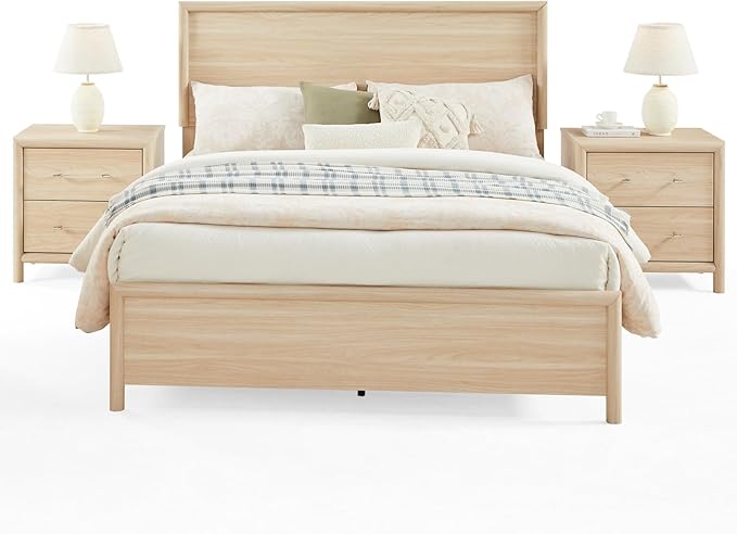 Bed Frame and Nightstand Set, Queen Wood Bed Frame with Headboard and 2 2-Drawer Nightstands, 3 Pieces Mid-Century Modern Bedroom Furniture Set, Natural Ash
