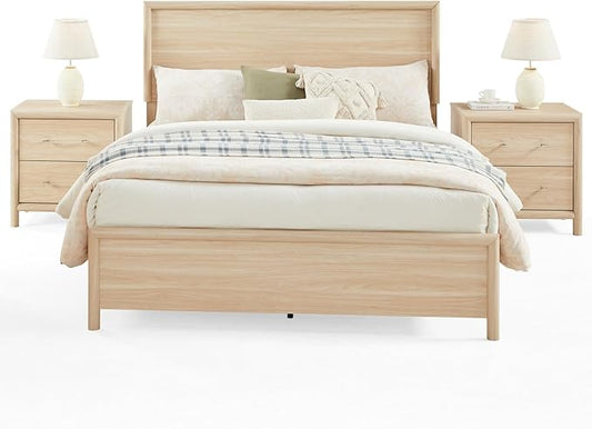 Bed Frame and Nightstand Set, Queen Wood Bed Frame with Headboard and 2 2-Drawer Nightstands, 3 Pieces Mid-Century Modern Bedroom Furniture Set, Natural Ash
